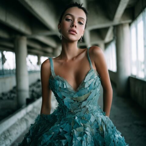 Brand Couture editorial frame — detail of the glass-shard couture look